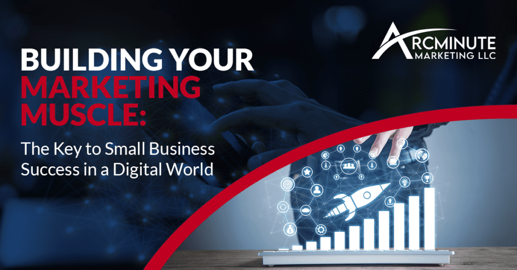 White Bar Graph with a Rocket Flying Up | Build Your Marketing Muscle:: The Key to Small Business Success in a Digital World | Arcminute Marketing