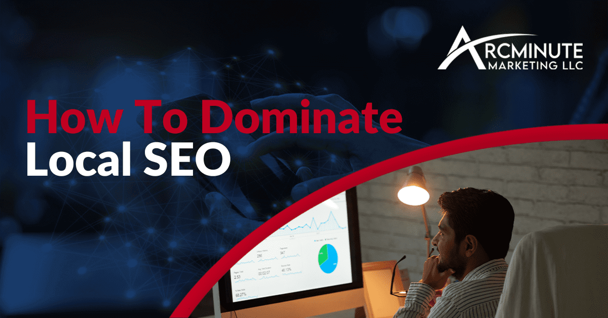 Man Sitting At A Table With A Lamp Turned on Holding His Glasses in His Hand Looking At A Computer With Charts and Graphs | How To Dominate Local SEO | Arcminute Marketing