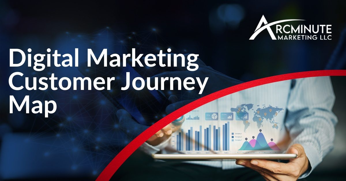 A Person Holding a Computer Tablet With Graphs and Maps Hovering Above It | Digital Marketing Customer Journey Map | Create Your Own | Arcminute Marketing