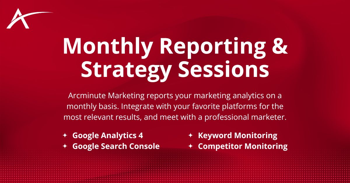 shows that monthly reporting and strategy sessions are included in the Engage SEO plan with Arcminute Marketing