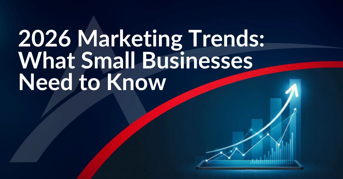 A promotional graphic with a dark blue background featuring the white text "2026 Marketing Trends: What Small Businesses Need to Know" in bold sans-serif font. A large red swoosh curves across the image, and on the right side is an illuminated upward-trending blue bar and line chart emerging from a tablet, symbolizing growth and digital marketing success.